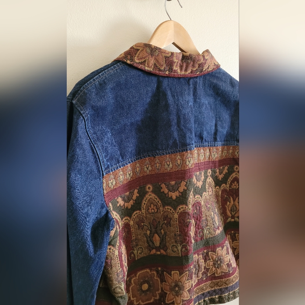 Coldwater Creek Denim and Tapestry Textured Jacket, Women's XL, Blue Jean, Brown - Picture 7 of 10